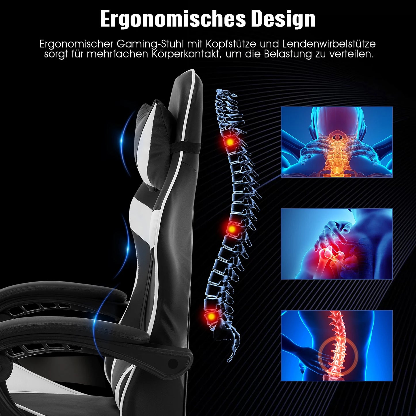 Fauteuil Gaming Ergonomique avec Massage – Siège Réglable, Support Lombaire & Dossier Inclinable